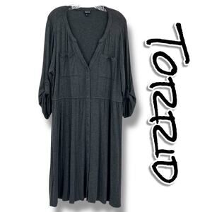 Torrid Gray Button Front Midi Dress Soft Tab Sleeve Pockets Womens Size 2 (2x)